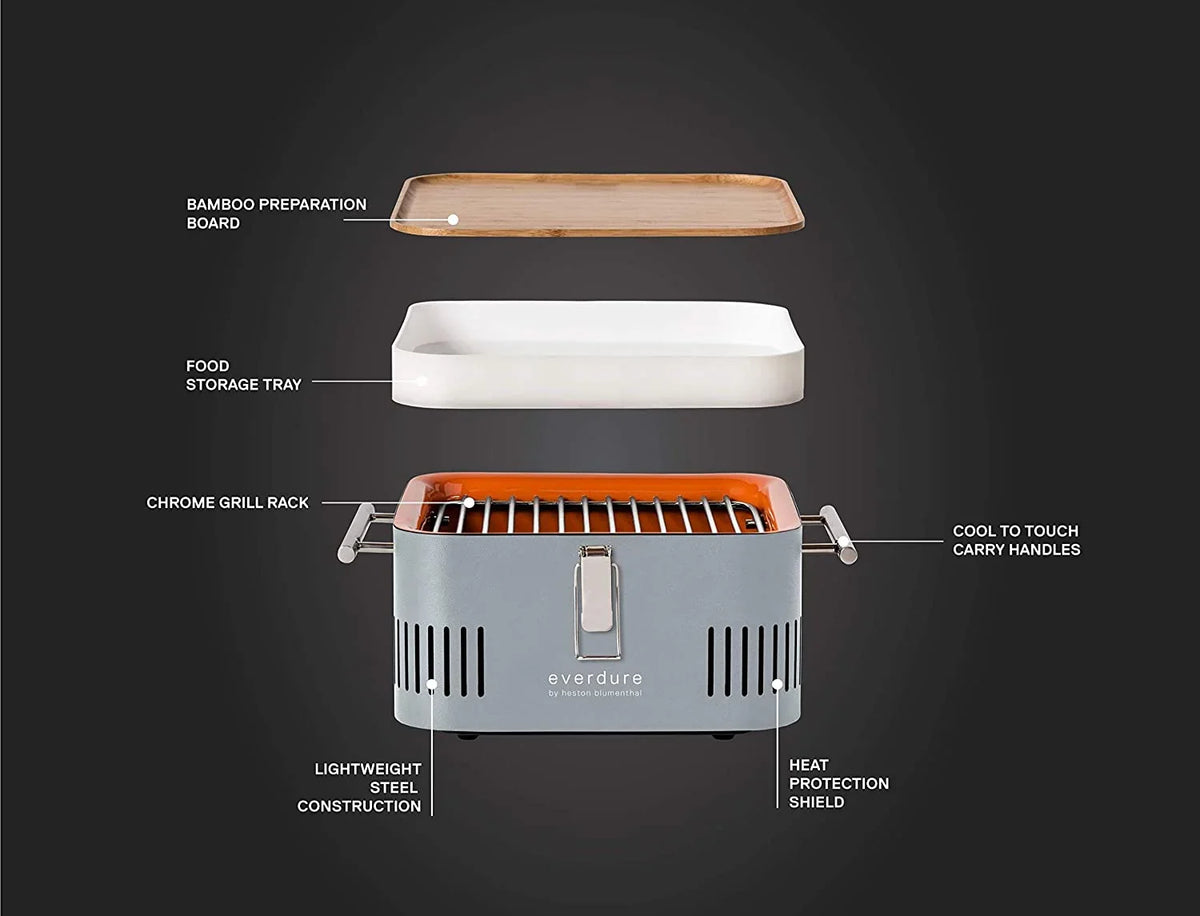 Everdure CUBE Charcoal Grill with Cool Touch Handles, Storage Container and Bamboo Serving Board