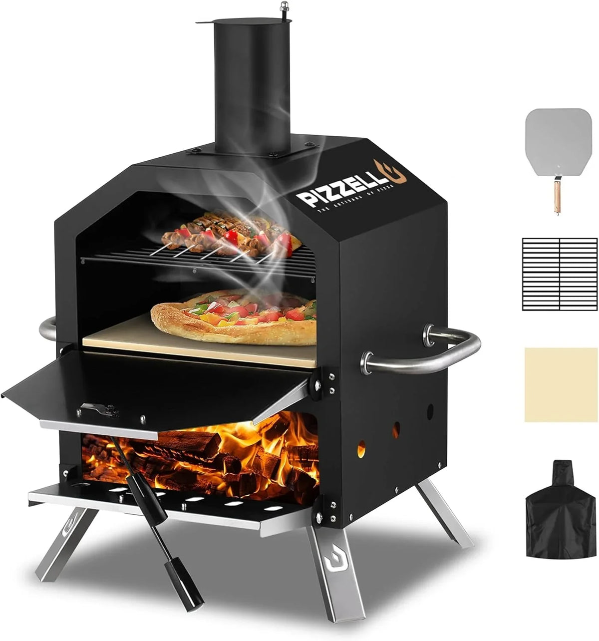 Outdoor Wood Fired Pizza Oven, 2-Tier Portable Pizza Maker with Stone, Peel, Cover - Black