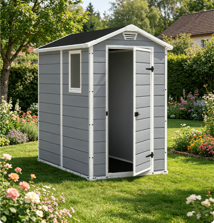 Keter Manor 4 ft. x 6 ft. Durable Resin Outdoor Storage Shed With Heavy Duty Floor and Locking Door, Gray and White