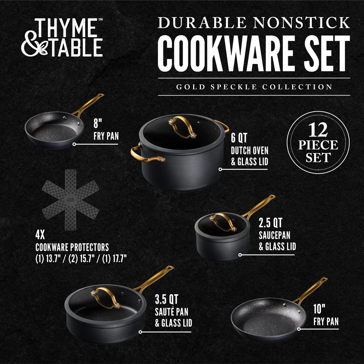 Thyme & Table Non-Stick 12-Piece Signature Cookware Set, Black & Gold
