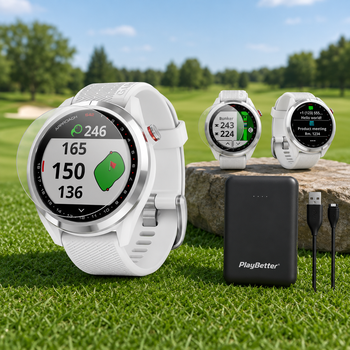 Garmin Approach S42 (White) Golf GPS Watch Power Bundle | 2021 Model | with PlayBetter Portable Charger & HD Screen Protectors
