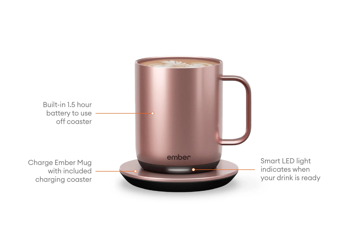 Ember Temperature Control Smart Mug 2, 10 oz, Rose Gold, Up To 1.5-hr Battery Life - App Controlled Heated Coffee/Tea Mug - Improved Design
